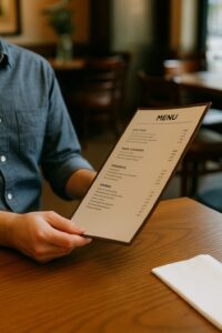 Cliente consultando una carta de menú en un restaurante moderno